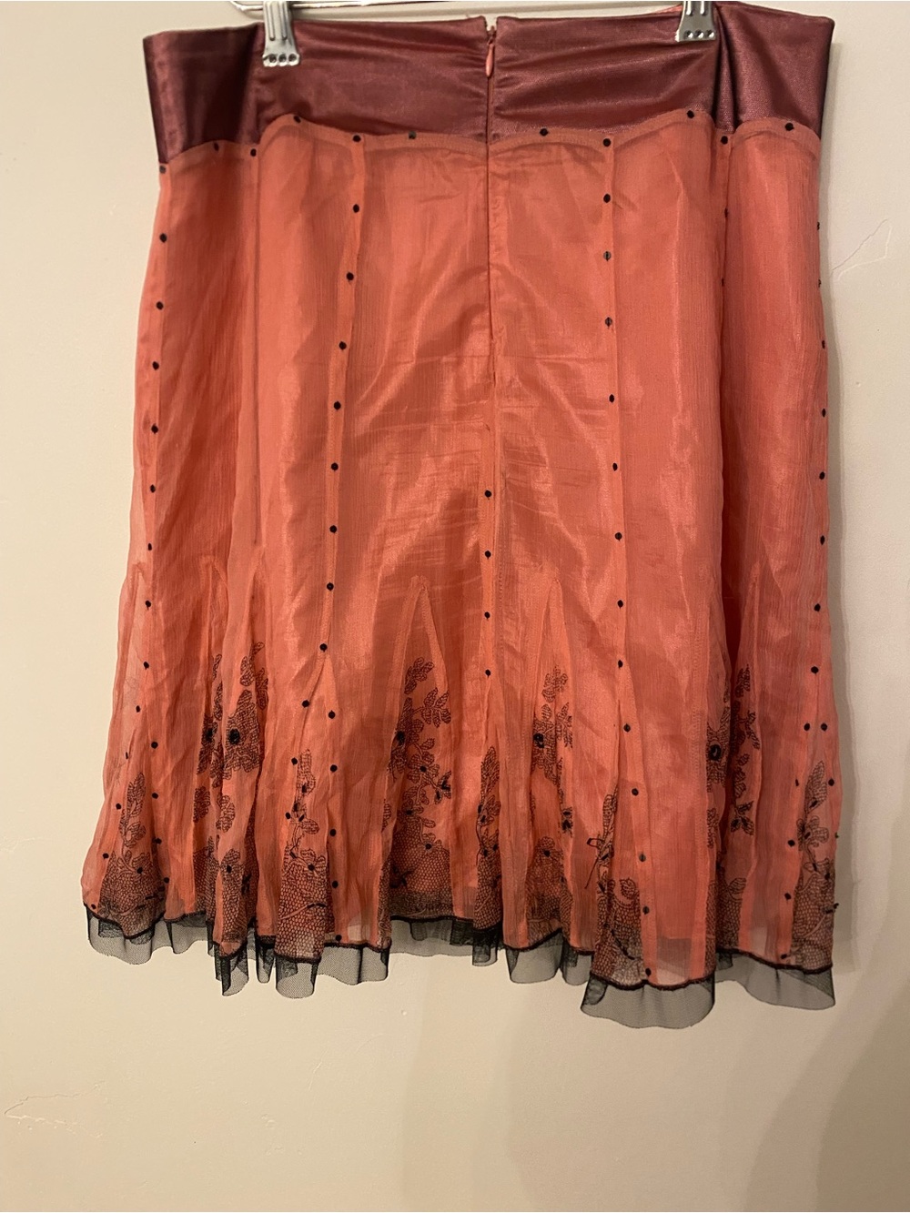 Coral and Black Embroidered Midi Skirt with Satin Waistband